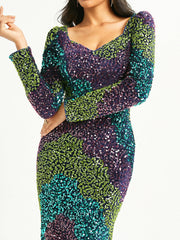 Square Neck Multicolor Sequin Mermaid Evening Dress RJ10740