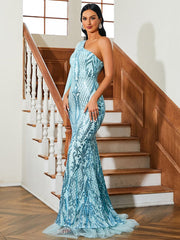 One Shoulder Cape Sleeve Blue Evening Dress M02285