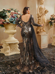 Plus Size V-Neck Backless Mermaid Ribbon Sequin Evening Dress PRM20337