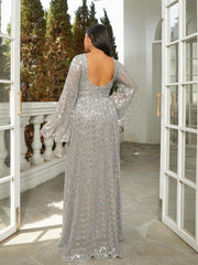 Plus Size Bell Sleeve Backless Sequin Grey Evening Dress PRM20603