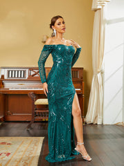 Off Shoulder Sequin Green Evening Dress RA60041