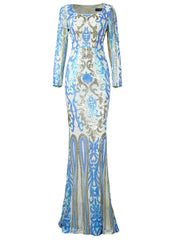 Square Neck Long Sleeve Multicolor Sequin Evening Dress XH2198