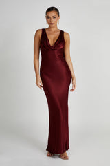 Angelique Satin Cowl Back Maxi Dress - Berry