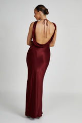 Angelique Satin Cowl Back Maxi Dress - Berry