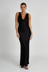 Angelique Satin Cowl Back Maxi Dress - Black