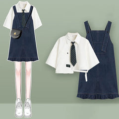 Pocket Lapel Tie Shirt Denim Overall Dress Two Piece Set