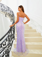 Spaghetti Strap Pearl Neck Purple Sequin Evening Dress RM20740