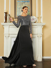 Crew Collar Panel Sequin Black Evening Dress RM20618