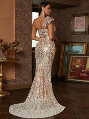 Lantern Sleeve Sequin Golden Mermaid Evening Dress XJ1899