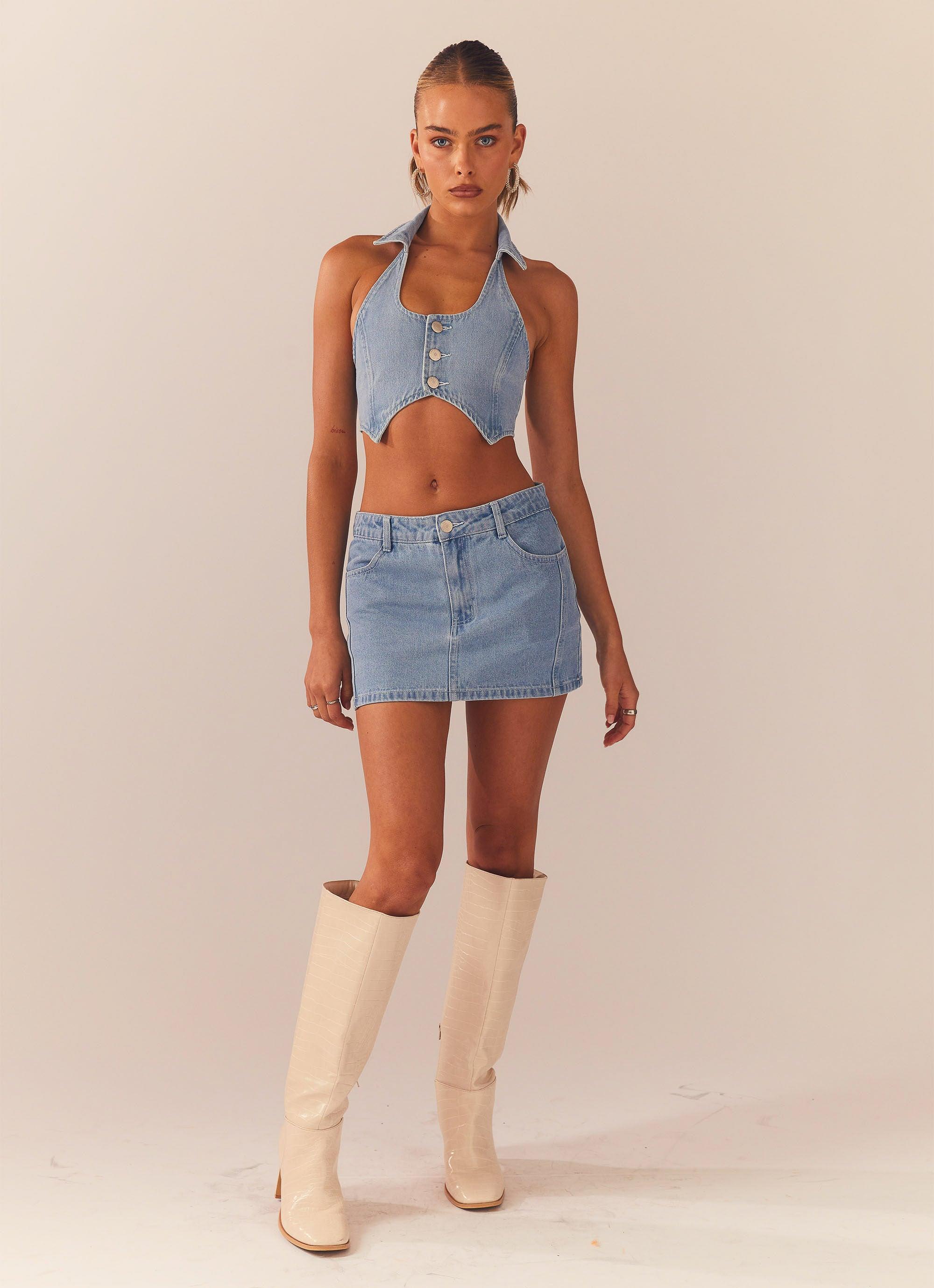 Giddy Up Denim Mini Skirt - Subdued Blue