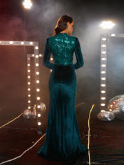 Formal Ruched Emerald Green Velvet Evening Dress RJ10762