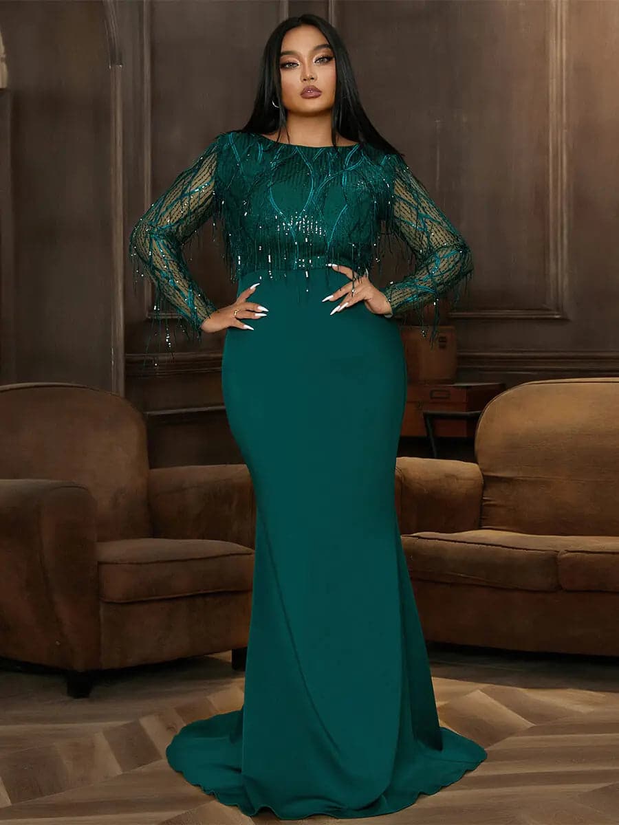 Long Sleeve Fringed Sequin Green Evening Dress PJMT1103