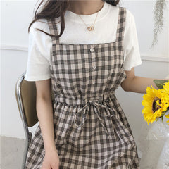 Kawaii Casual Loose Strap Plaid Dress