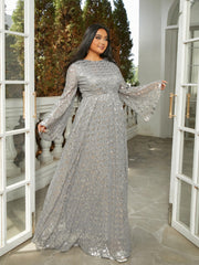 Plus Size Bell Sleeve Backless Sequin Grey Evening Dress PRM20603