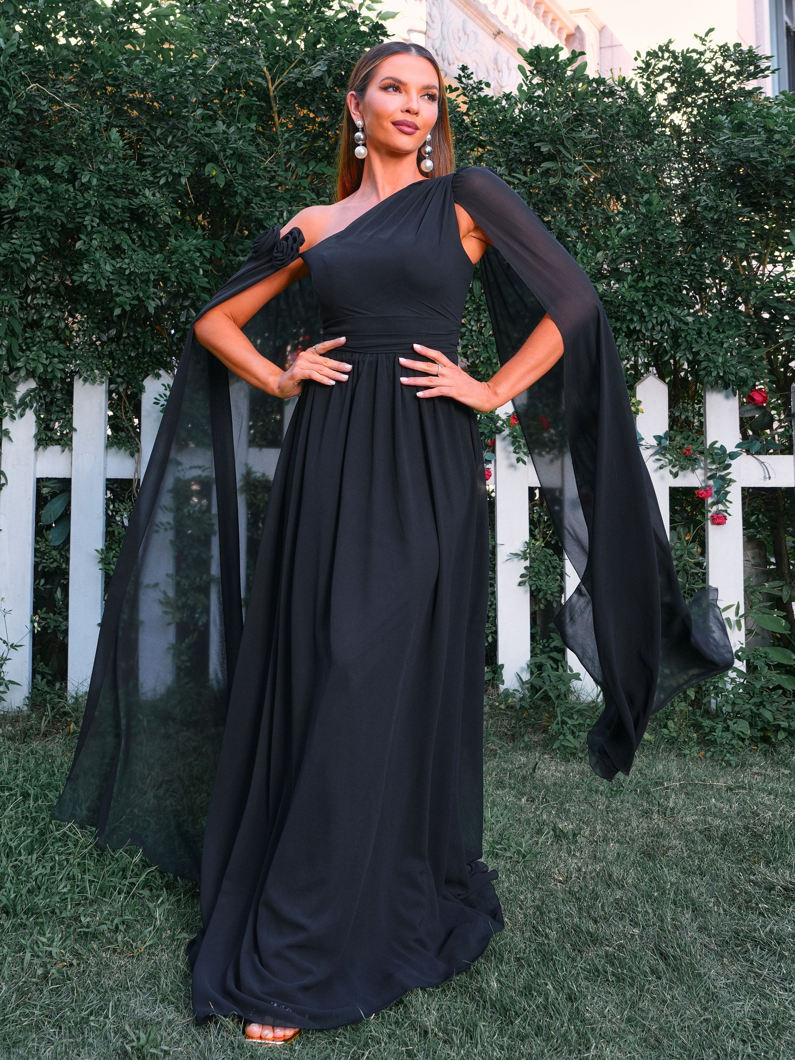 Draped Sleeves A-Line Chiffon Black Prom Dress RM20987