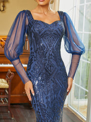 Sweetheart Lantern Sleeve Mermaid Blue Evening Dress RH30634