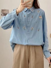 Vintage Bear Flower Embroidery Denim Blouses&Shirts