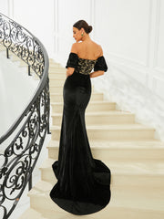 Off Shoulder Asymmetric Maxi Black Evening Dress WY104