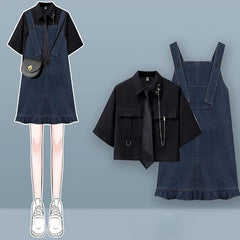 Pocket Lapel Tie Shirt Denim Overall Dress Two Piece Set