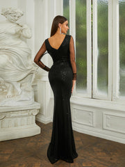 V-neck Mesh Panel Black Sequin Evening Dress RJP062