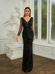 V-neck Mesh Panel Black Sequin Evening Dress RJP062