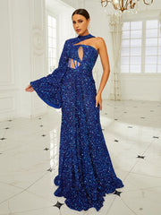 Sexy Bell Sleeve Sequin Blue Evening Dress RJ10521