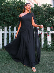 Draped Sleeves A-Line Chiffon Black Prom Dress RM20987