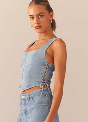 Giddy Up Denim Bustier Top - Subdued Blue