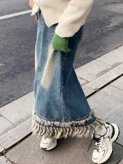 Vintage Denim Tassel Hem Split Maxi Skirt