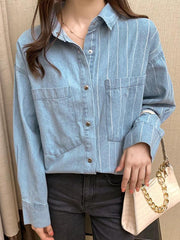 Vintage Striped Splice Denim Blouses&Shirts