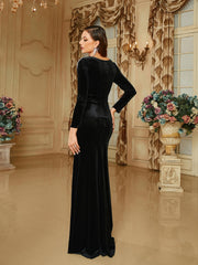 V-neck Velvet Split Black Long Sleeve Evening Dress RH30698