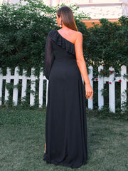 One Shoulder Ruffled Chiffon Black Wedding Guest Dress RH308033