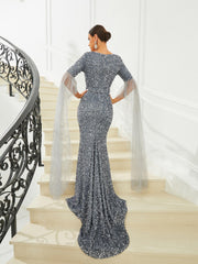 Mermaid Sweetheart Draped Sleeve Grey Evening Dress WY55