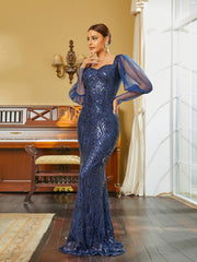 Sweetheart Lantern Sleeve Mermaid Blue Evening Dress RH30634