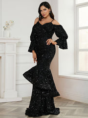 Ruffles Black Sequin Mermaid Evening Dress JMH3075