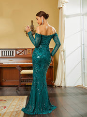 Off Shoulder Sequin Green Evening Dress RA60041