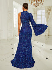 Sexy Bell Sleeve Sequin Blue Evening Dress RJ10521