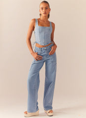 Giddy Up Denim Bustier Top - Subdued Blue