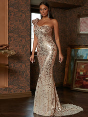 Lantern Sleeve Sequin Golden Mermaid Evening Dress XJ1899