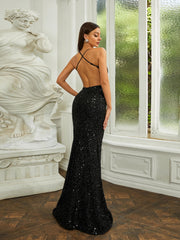 Spaghetti Strap Open Back Sequin Mermaid Black Evening Dress RJP09