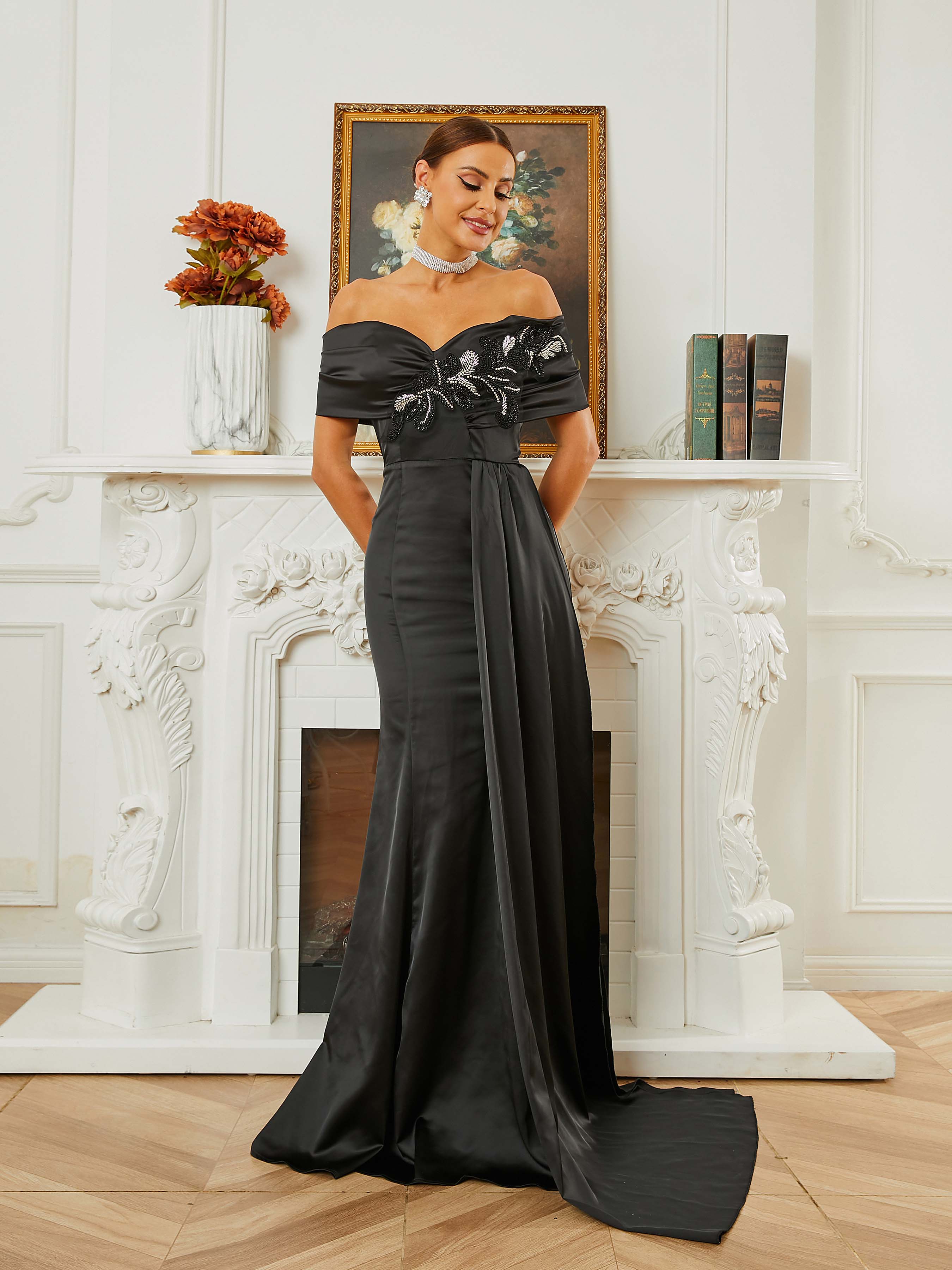 Strapless Off Shoulder Backless Mermaid Pleated Ribbon Evening Dress RM20468