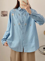 Vintage Bear Flower Embroidery Denim Blouses&Shirts