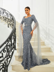 Mermaid Sweetheart Draped Sleeve Grey Evening Dress WY55