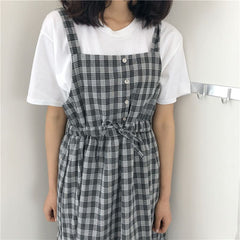 Kawaii Casual Loose Strap Plaid Dress