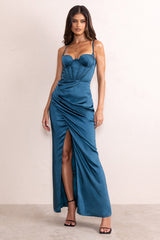 Alessandra | Teal Satin Cupped Corset Bodice Maxi Dress With Thigh Split