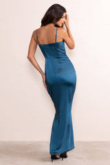 Alessandra | Teal Satin Cupped Corset Bodice Maxi Dress With Thigh Split