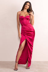 Alessandra | Berry Red Satin Cupped Corset Bodice Maxi Dress With Thigh Split