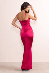 Alessandra | Berry Red Satin Cupped Corset Bodice Maxi Dress With Thigh Split