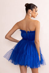 Aella | Cobalt Blue Bandeau Volume Pleated Tulle Mini Dress