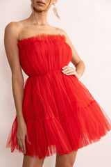 Aella | Red Bandeau Volume Pleated Tulle Mini Dress